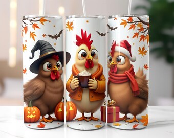 Holiday Chicken Tumbler Wrap PNG – 20oz Skinny Sublimation Design with Fall, Halloween, Xmas Chicken Characters, Cute Seasonal