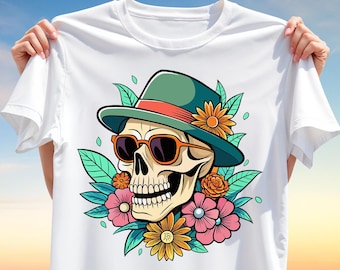 Summer Skull T-Shirt Design PNG – Floral Hat Skeleton with Sunglasses Clipart for Sublimation, Day of the Dead & Beach Festival Style