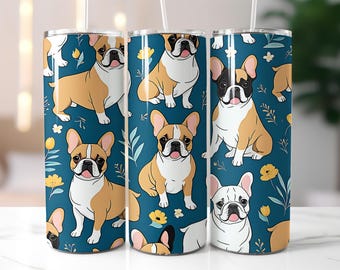 French Bulldog Tumbler Wrap PNG, Cute Dog Sublimation Design, 20 oz Skinny Tumbler Wrap for Dog Lovers, Bulldog Cup PNG