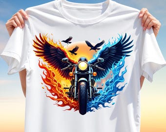 Motorcycle with Fire and Ice Wings PNG – Biker Sublimation Design for T-Shirts, Mugs and More – Gothic Biker T-Shirt Design for Sublimation