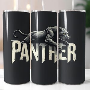 Black Panther Tumbler Wrap PNG – 20oz Skinny Tumbler Sublimation Design with Leaping Jungle Cat, Vintage Font, Bold Animal Graphic
