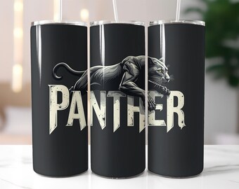 Black Panther Tumbler Wrap PNG – 20oz Skinny Tumbler Sublimation Design with Leaping Jungle Cat, Vintage Font, Bold Animal Graphic