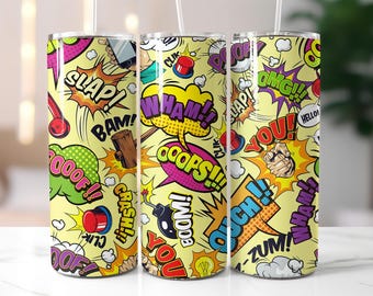 Comic Tumbler Wrap PNG – Pop Art Sublimation Design with Slap, Wham, Oops, Ouch, Bam Text for 20oz Skinny Tumbler Wrap