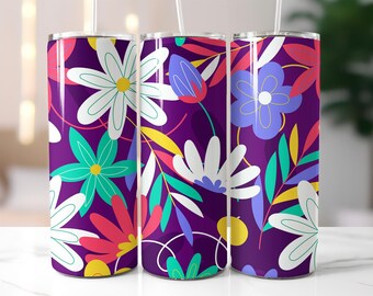 Bold Floral Tumbler Wrap PNG – 20oz Skinny Sublimation Design with Colorful Flowers, Abstract Leaves, Purple Background & Spring Garden Vibe