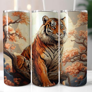 Tiger Tumbler Wrap PNG – 20oz Skinny Tumbler Sublimation Design with Majestic Wild Tiger, Autumn Floral Trees, Nature Jungle Animal Art