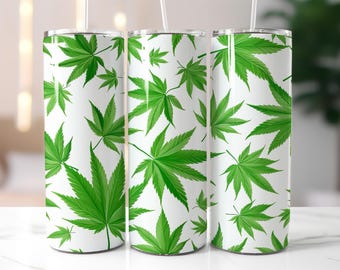 Green Leaf Tumbler Wrap PNG – 20oz Skinny Sublimation Design with Bold Botanical Pattern, Digital Download for Weed Lovers & Nature Fans