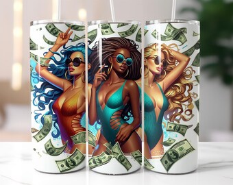 Money Girl Tumbler Wrap PNG – Summer Swimsuit Women with Dollar Bills 20oz Skinny Sublimation Design, Rich Beach Vibes Art
