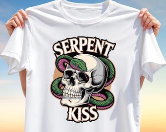 Serpent Kiss Skull and Snake T-Shirt Design – Bold PNG Clipart for Sublimation Printing, Tattoo Style Digital Download