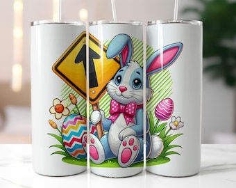 Easter Bunny Tumbler Wrap PNG – 20oz Skinny Sublimation Design with Cute Rabbit, Colorful Eggs, Spring Flowers, Instant Download