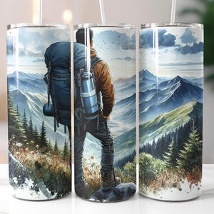 Hiking Mountain Tumbler Wrap PNG – 20oz Sublimation Design with Explorer & Scenic Nature Landscape, Digital Download