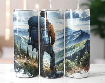 Hiking Mountain Tumbler Wrap PNG – 20oz Sublimation Design with Explorer & Scenic Nature Landscape, Digital Download