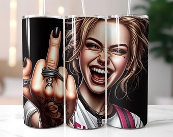 Edgy Girl Tumbler Wrap PNG, 20oz Skinny Sublimation Design, Blonde Punk Woman Tattoo Art, Grunge Black Background, Digital Download