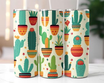 Cactus Tumbler Wrap PNG – Colorful 20oz Skinny Wrap with Potted Succulents, Boho Cactus Design for Sublimation Projects
