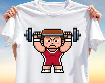 Pixel Weightlifter T-Shirt PNG – 8-Bit Fitness T-Shirt Design for Sublimation, Funny Gym Clipart for Workout, Gamer & Retro Style Apparel