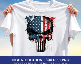 American Flag Skull T-Shirt Design PNG, Patriotic Grunge Sublimation, Distressed USA Skull Clipart, 4th of July Shirt Graphic, Digital Art
