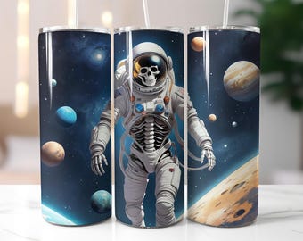 Skeleton Astronaut Tumbler Wrap PNG, Spooky Outer Space Design, 20 oz Skinny Tumbler Sublimation, Sci-Fi Skull Cup Wrap
