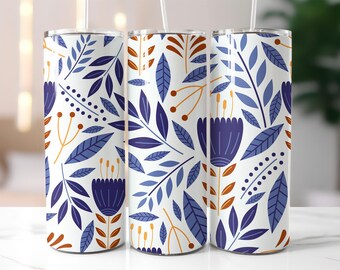 Modern Floral Tumbler Wrap PNG – 20oz Skinny Sublimation Design with Blue Leaves, Abstract Flowers & Minimal Pattern – Digital Download
