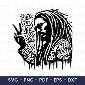 May include: Black and white graphic of a person with dreadlocks and sunglasses, making a peace sign. The image features graffiti-style art and the text "SVG - PNG - PDF - EPS - DXF".
