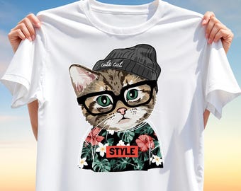 Cool Cat Style T-Shirt Design – Hipster Glasses & Beanie Kitty PNG Clipart for Sublimation, Trendy Cute Cat Digital Download for Pet Lovers