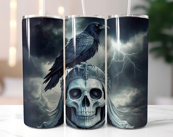 Raven Skull Tumbler Wrap PNG, Gothic Crowned Skull with Storm Design for 20 oz Skinny Tumbler, Dark Sublimation Art