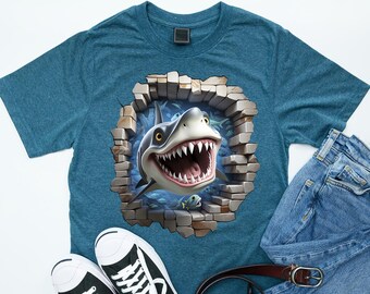 3D Shark T-Shirt Design PNG – Angry Shark Breaking Wall Art, Funny Ocean Theme Sublimation Design, Instant Digital Download PNG