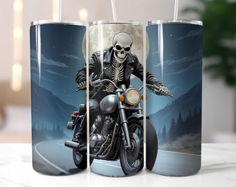 Skeleton Motorcycle Tumbler Wrap PNG, Gothic Biker Full Moon 20 oz Skinny Tumbler Sublimation Design, Dark Rider Skull Art
