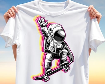 Skateboarding Astronaut T-Shirt PNG – Space Skater T-Shirt Design, Retro Neon Sublimation Art for Streetwear, Sci-Fi and Urban Style Apparel