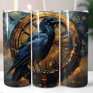 Korp och klocka Tumbler Wrap PNG – 20oz sublimeringsdesign med gotisk kråka, romersk klocka, himmelsstjärnor och mörk fantasikonst