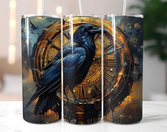 Raven and Clock Tumbler Wrap PNG – 20oz Sublimation Design with Gothic Crow, Roman Numeral Clock, Celestial Stars and Dark Fantasy Art