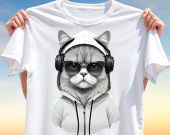 Cool Hipster Cat T-Shirt Design PNG – Urban Style Streetwear Sublimation Art, Funny Hoodie Cat with Headphones Clipart