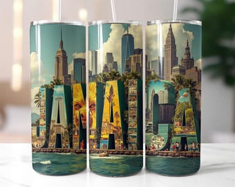 Jamaica Cityscape Tumbler Wrap PNG – 20oz Skinny Tumbler Sublimation Design with Tropical Letters, Skyline Collage, Travel Island Art