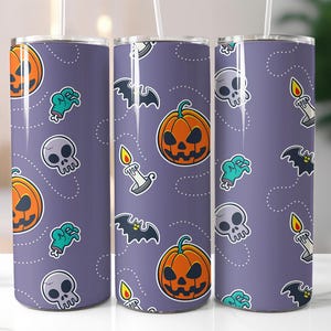 Cute Halloween Skull Tumbler Wrap PNG – 20oz Sublimation Design with Pumpkin, Skull, Bat, Candle Clipart, Kawaii Spooky Cup Pattern