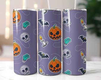 Cute Halloween Skull Tumbler Wrap PNG – 20oz Sublimation Design with Pumpkin, Skull, Bat, Candle Clipart, Kawaii Spooky Cup Pattern