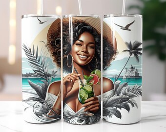 Island Vibes Tumbler Wrap PNG – 20oz Skinny Sublimation Design with Brazilian Woman, Mojito Drink, Tropical Beach, Palm Leaves