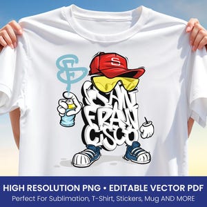 Könnte beinhalten: Weißes T-Shirt mit einer Cartoonfigur im Graffiti-Stil mit den Worten "SAN FRANCISCO". Die Figur trägt eine rote Kappe, gelbe Sonnenbrille und blaue Turnschuhe. Das T-Shirt enthält auch den Text "HIGH RESOLUTION PNG • EDITABLE VECTOR PDF".