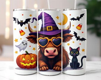 Halloween Cow Tumbler Wrap PNG – 20oz Skinny Tumbler Wrap with Witch Hat Cow, Pumpkin, Ghost, Black Cat and Bats – Cute Sublimation Wrap