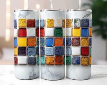 Colorful Mosaic Tumbler Wrap PNG – 20oz Skinny Sublimation Design with Marble Background & Artistic Tile Pattern, Colorful tumbler wrap