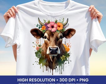 Floral Png, Cow Design Png, Boho Cow Illustration, Farm Animal Art Png, Cow Tshirt Png, DTF
