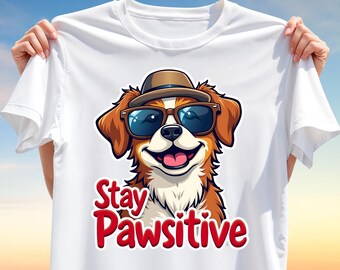 Stay Pawsitive T-Shirt Design PNG – Cool Dog Clipart with Sunglasses and Hat for Sublimation, Positive Quote Shirt for Dog Lovers
