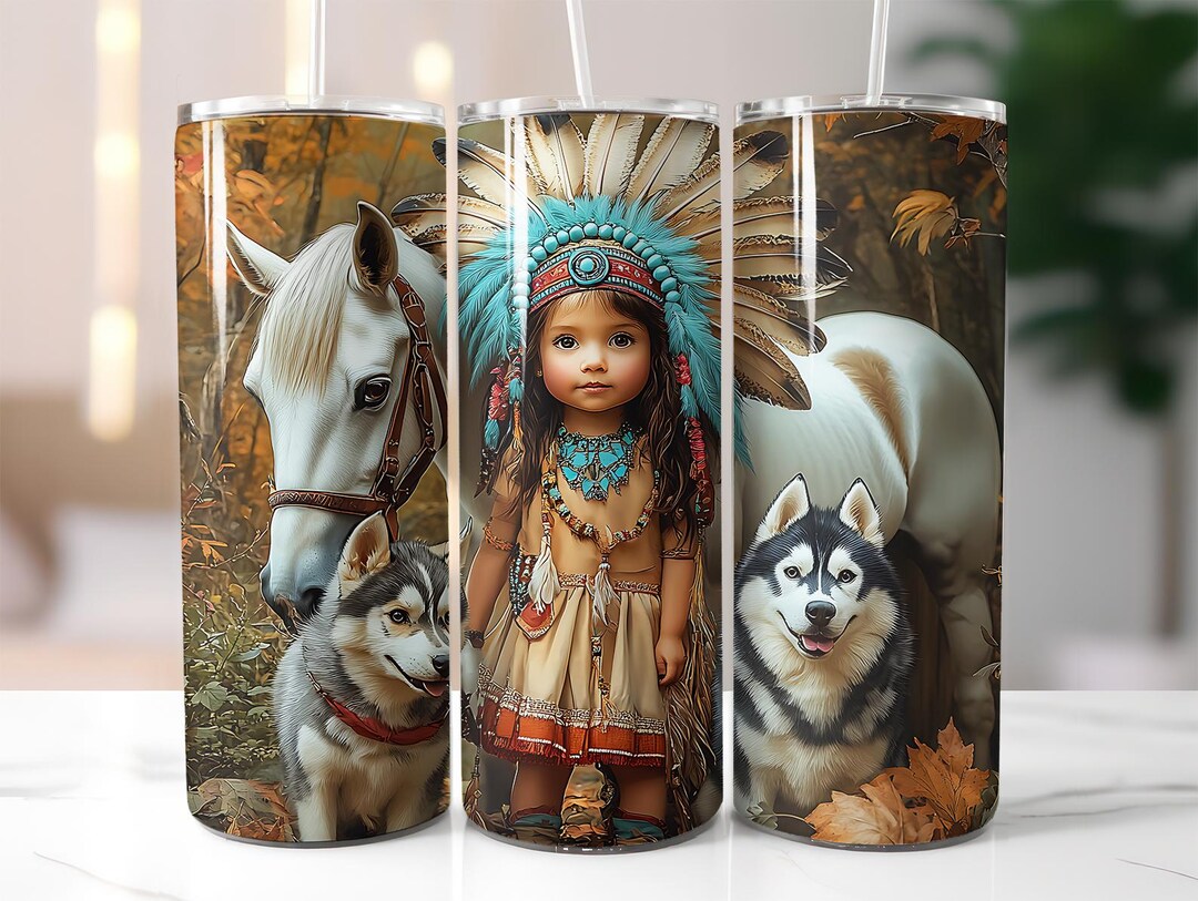 Native Tribal Tumbler Wrap PNG, Girl With Wolf Dog and Horse, Autumn ...