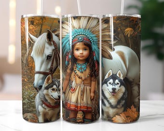 Native Tribal Tumbler Wrap PNG, Girl with Wolf Dog and Horse, Autumn Forest 20 oz Skinny Tumbler Sublimation Design