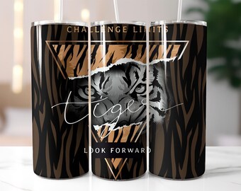 Tiger Eyes Tumbler Wrap PNG – 20oz Skinny Sublimation Design with Jungle Stripes, Motivational Quote & Fierce Animal Theme