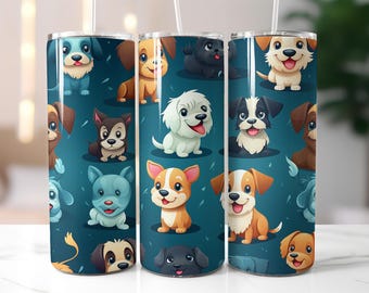 Cute Puppy Tumbler Wrap PNG – 20oz Skinny Sublimation Design with Cartoon Dogs, Fun & Colorful Pet Pattern