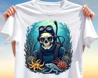 Underwater Skeleton Diver T-Shirt Design - Gothic Ocean Clipart PNG - Sublimation Print for Shirts, Mugs, Dark Fantasy Art Projects