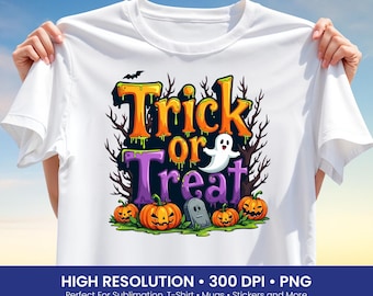 Trick or Treat PNG, Halloween Sublimation Design, Funny Halloween PNG, Pumpkin Ghost Art, T Shirt Design, Instant Download PNG
