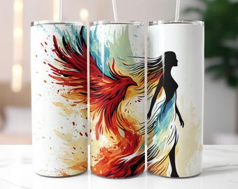 Phoenix Woman Tumbler Wrap PNG – 20oz Sublimation Design with Fiery Wings & Empowered Silhouette, Artistic Flame Art