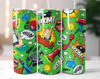 Comic Phone Tumbler Wrap PNG – Pop Art Green Sublimation Design with Boom, Hello, Ring Text for 20oz Skinny Tumbler Wrap