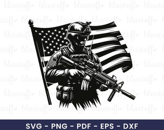 American Soldier SVG PNG – Patriotic Military Clipart with Rifle and USA Flag for Veteran Shirt Design and Cricut Sublimation Projects