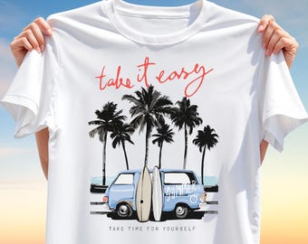 Take It Easy Summer Van T-Shirt Design – Tropical Palm Tree PNG Clipart for Sublimation, Surfboard Beach Vibe Digital Download for Apparel