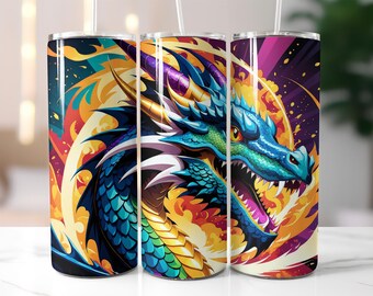 Blue Dragon Tumbler Wrap PNG – 20oz Skinny Sublimation Design with Fire-Breathing Fantasy Creature, Flames, Scales, Horns & Mythical Artwork